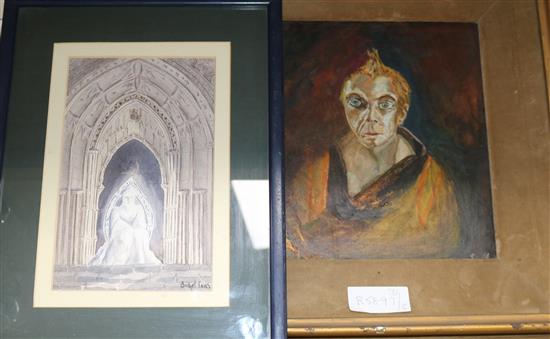 Oil, portrait, signed, 22 x 23cm. and a Bridget eaves watercolour, 20 x 12cm